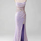 Women Spaghetti Straps Purple Prom Dress, Mermaid Evening Gown with Slit, Handmade Sparkle Party Dress, Custom Formal Evening Dress       fg5034