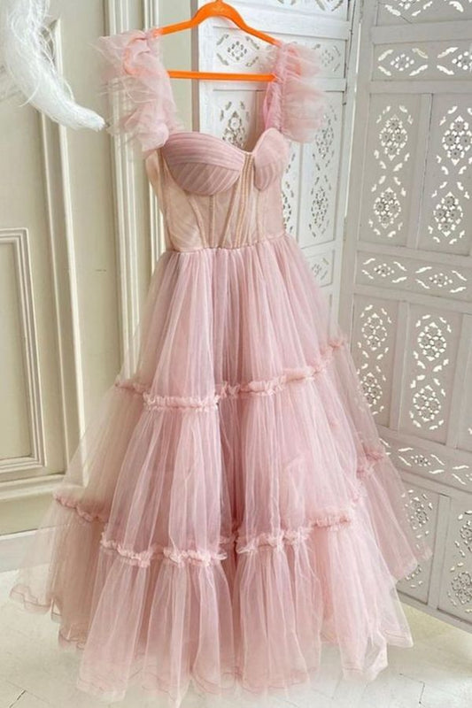 Cute A Line Pink Tulle Short Prom Dress, Pink Evening Party Dress    fg4899