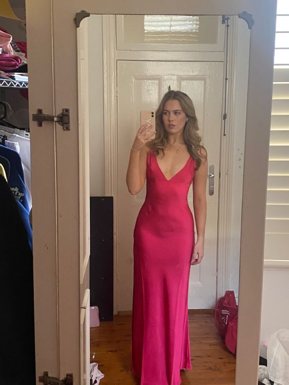 Hot Pink A-line V Neck Prom Dress,Hot Pink Spring Dress  cc716 main image 1