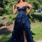 Off Shoulder Layered Navy Blue Lace Long Prom Dress with Split, Off the Shoulder Navy Blue Formal Dress     fg4837
