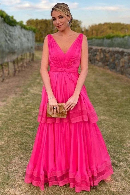 Hot Pink V-Neck A-Line Chiffon Two Layers Evening Dresses Long Prom Dresses        fg4733