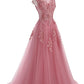 Floral Pink Tulle Long Prom Dress       fg4513