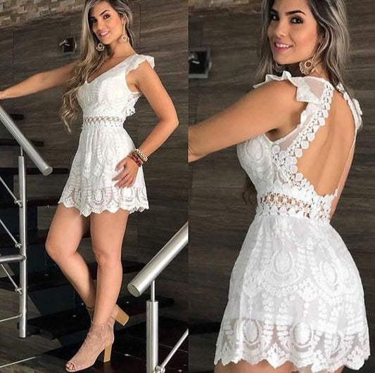 White Lace Short Homecoming Dress Party Dress      fg4503