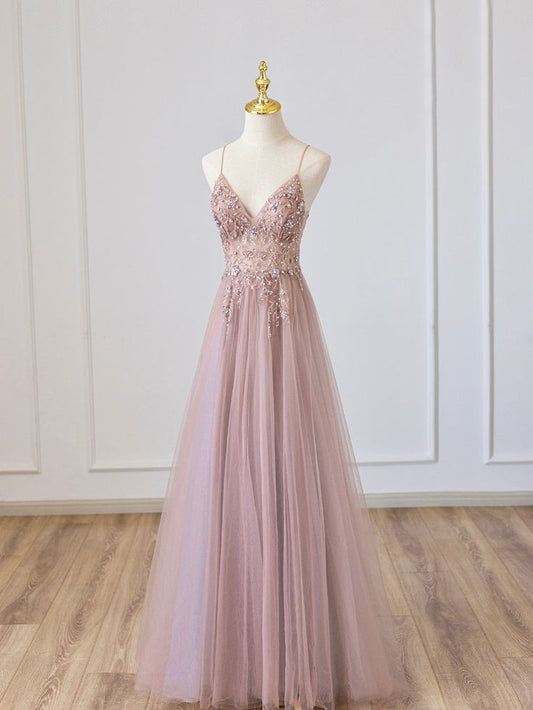 Pink V-Neck Tulle Long Prom Dress with Beaded, Pink Spaghetti Strap Evening Dress      fg5180