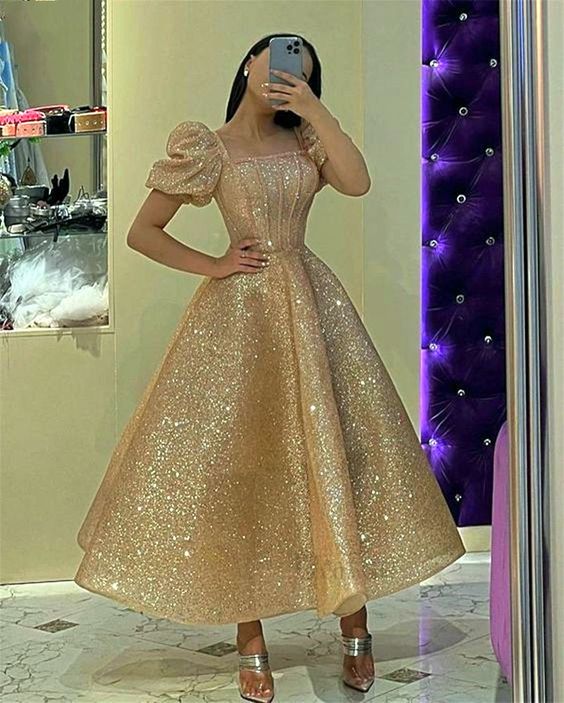 Glitter Champagne Sequined Prom Dresses Puff Short Sleeves Square Neck formalgowns Glitter Champagne Sequined Prom Dresses Puff Short Sleeves Square Neck formalgowns