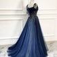 Shiny Navy Blue Tulle Straps Long Prom Dresses Party Dresses, A-line Beaded Prom Dresses      fg5018