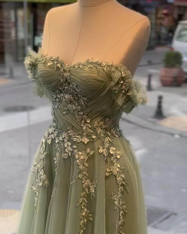 A-line Sage Tulle Lace Appliques Dress Formal Dresses, Evening Gown     fg5007