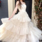Champagne Strapless A-line Multi-Layers Tulle Long Prom Dress with Slit      fg4602