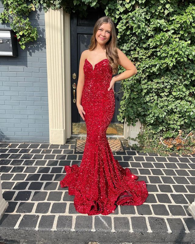 Long Red Prom Dresses Glitter Sequin Mermaid Evening Dress      fg4771