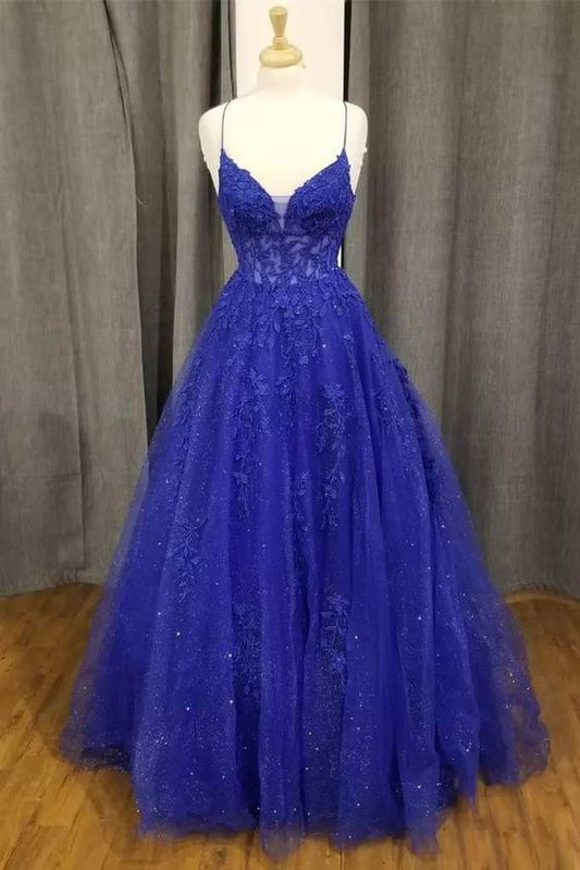 Royal Blue Floral Appliques V-Neck A-Line Formal Gown        fg4714