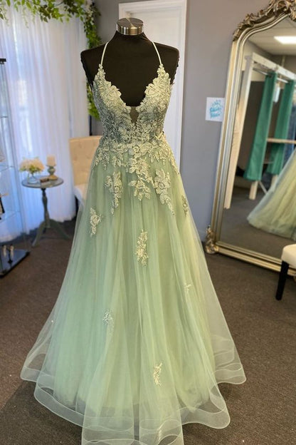 Robe longue trapèze vert sauge à bretelles et appliques fg4484