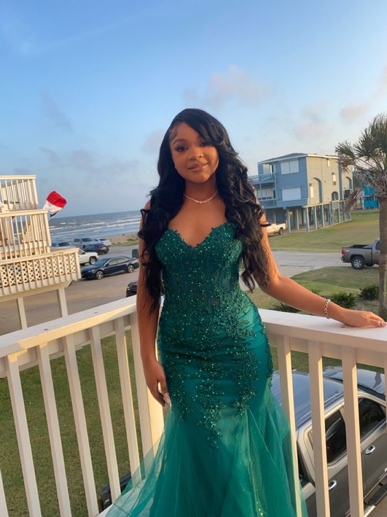 Robe de bal sirène vert foncé en tulle et dentelle, tenue d'hiver formelle fg4863