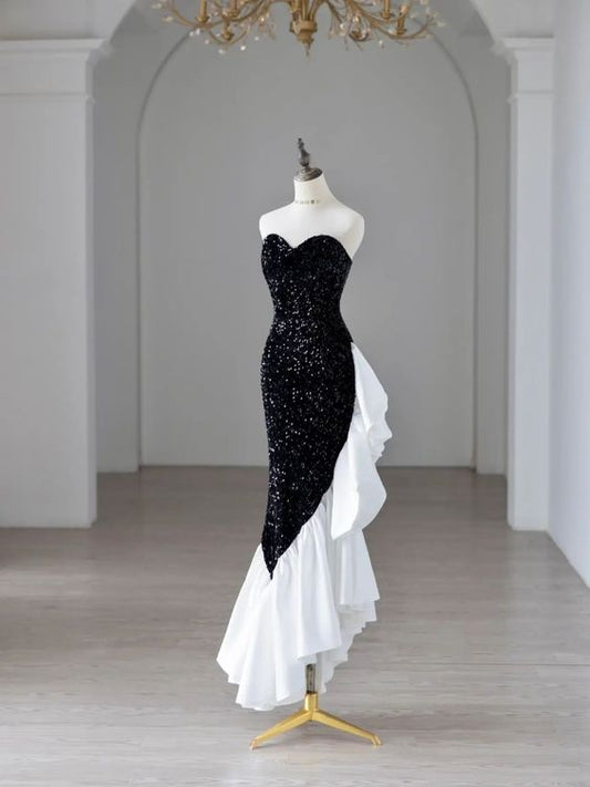 Black Sequin Mermaid Dress, Party Glitter Dress, Strapless Evening Gown For Women      fg4872