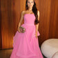Pink Strapless Tulle Tiered Prom Dress Custom Made Girls Evening Dress      fg4812