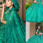 Green Sparkly Quinceanera Dresses With Cape Tassels Sweet 16 Dresses Ball Gown 3D Flowers Tulle Birthday Gowns     fg4570