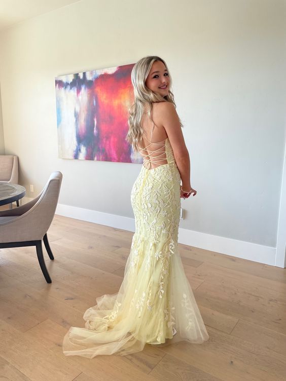 Elegant Yellow Backless Lace Prom Dress,Yellow Formal Gown     fg4830