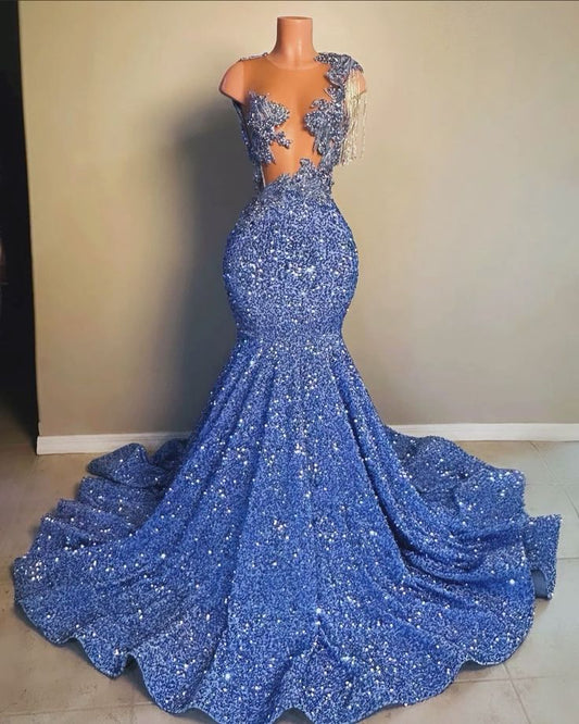 Blue Sequin Long Prom Dress, Blue Party Dress       fg5232