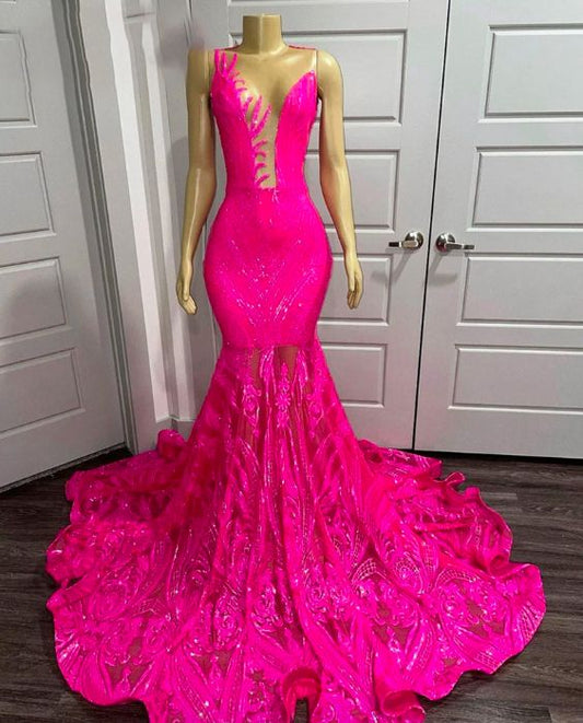 Pink Prom Dresses, Sheer Crew Neck Prom Dresses, Lace Evening Dresses, Sexy Prom Dresses, Fashion Evening Gowns   fg4705