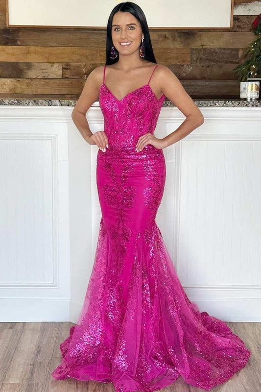 Glitter Magenta Appliques V-Neck Mermaid Long Prom Dress       fg4813