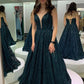 Shiny Lace Dark Green Deep V Neck A line Sequins Evening Dress Long Prom Dress      fg4659