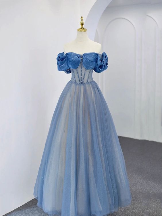 Blue Tulle Beaded Long Prom Dress, Off the Shoulder Evening Party Dress     fg5069