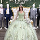 Robe de bal vert clair, robe de soirée de haute qualité, motif floral 3D, robe de princesse, fg4353