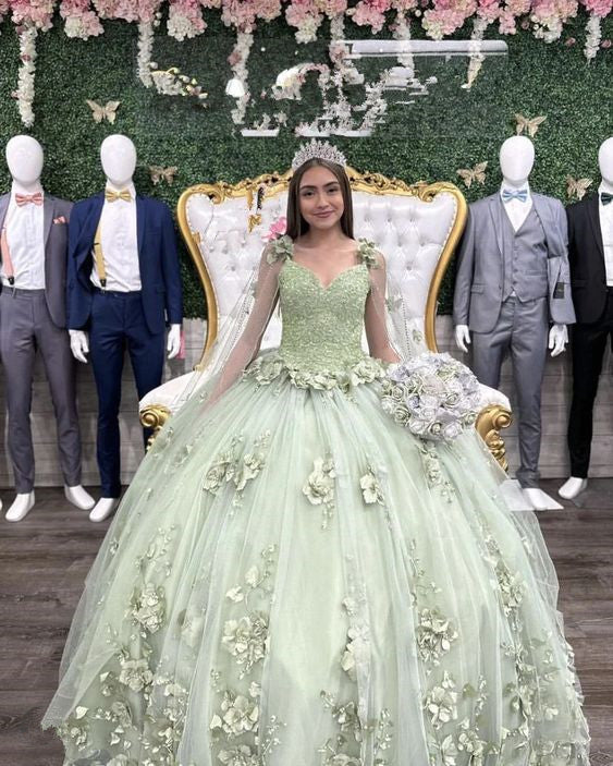 Robe de bal vert clair, robe de soirée de haute qualité, motif floral 3D, robe de princesse, fg4353