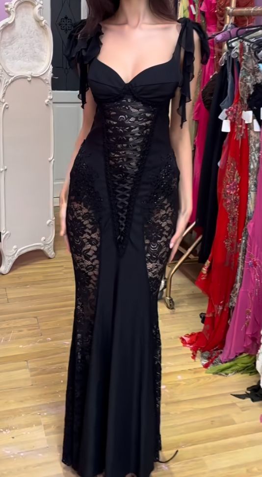 Black Prom Dress, Lace Mermaid Evening Birthday Dress     fg5056