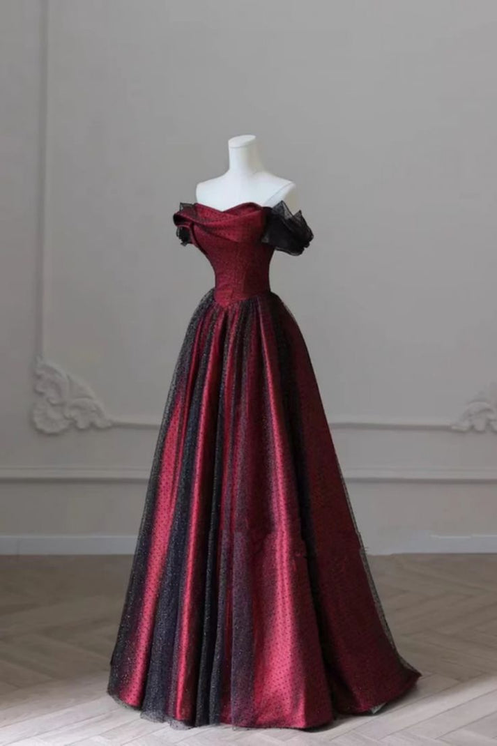 Black and Red Off Shoulder Satin Long Prom Dress, Off the Shoulder Par