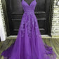 V-neckline Purple A-line Straps Long Prom Dress, Purple Long Evening Dress Party Dress        fg4734
