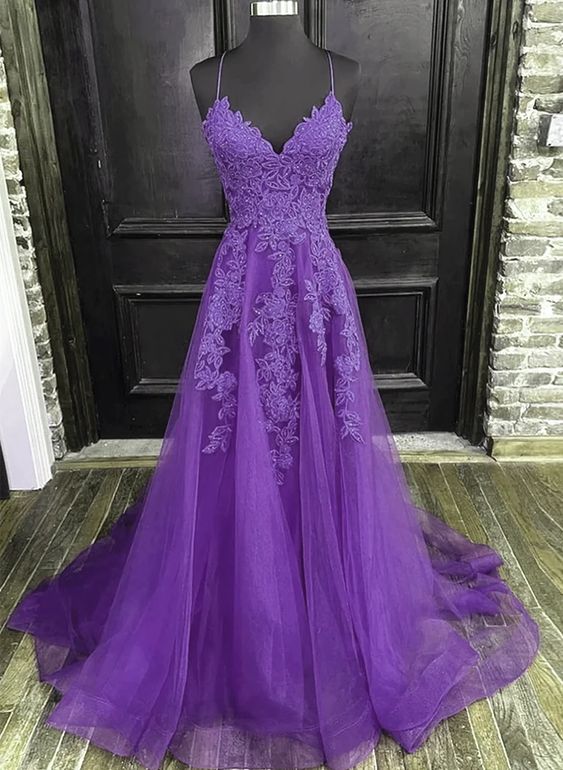 V-neckline Purple A-line Straps Long Prom Dress, Purple Long Evening Dress Party Dress        fg4734
