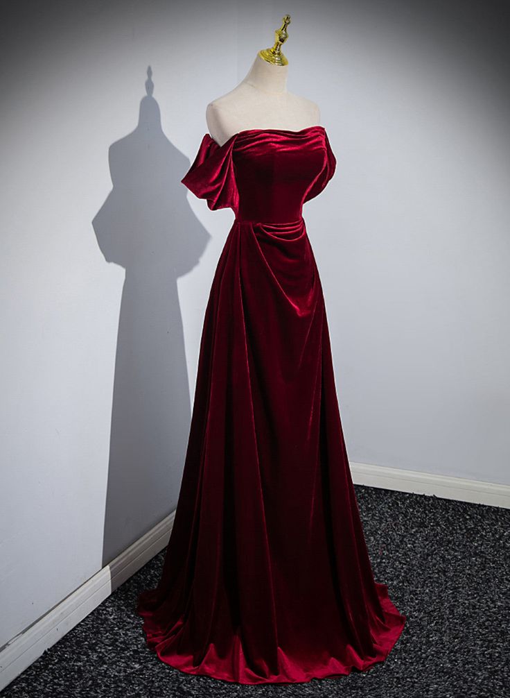 Velvet Off Shoulder A-line Long Party Dress, Floor Length Prom Dress      fg4822