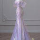 Women Evening Dress with Puff Sleeves Tassel Pearls Tulle Train Prom Gown       fg4985