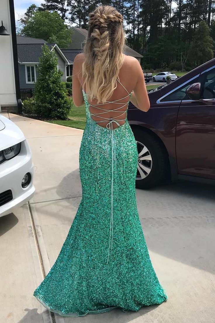 Turquoise Sequin Lace-Up Back Mermaid Long Formal Dress with Slit        fg4728