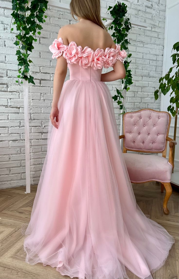 Pink Floral Prom Dresses, Off The Shoulder Evening Gown, Tulle Long Prom Dress  fg4679