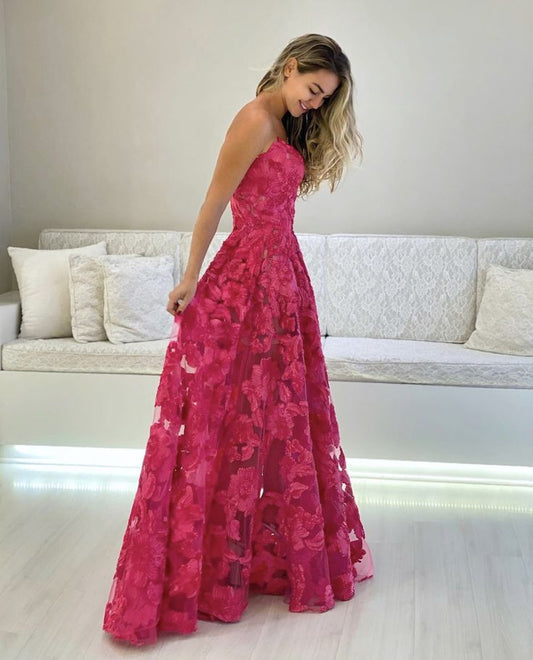 A line Strapless Hot Pink Long Prom Dress Formal Graduation Evening Dresses       fg4763
