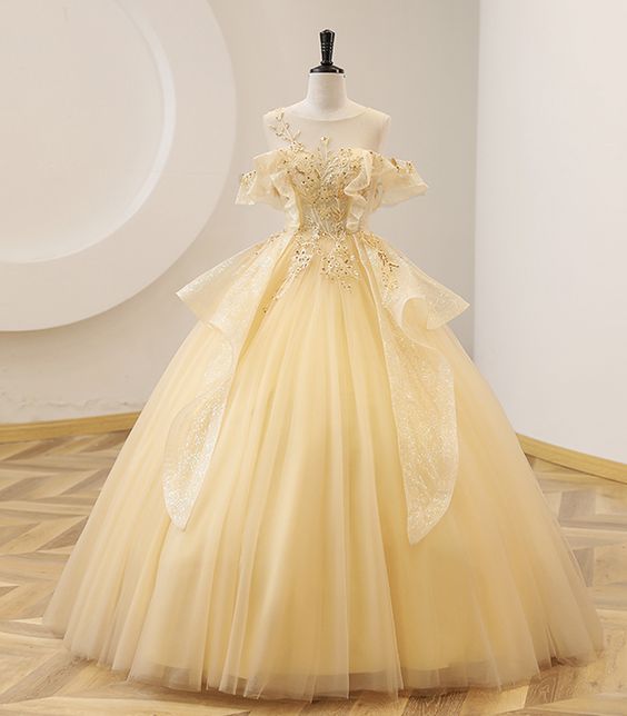 YELLOW BALL GOWN BEADED SWEET 16 DRESS, YELLOW LONG PROM DRESS FORMAL DRESS      fg5012