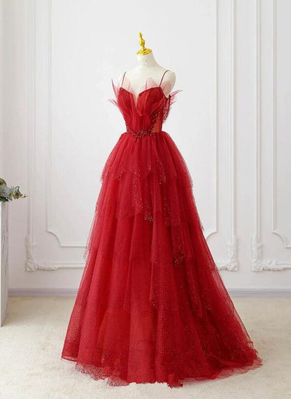 A-line Tulle Layers Red Straps Long Party Dress, Tulle Prom Dress Evening Dress       fg4924