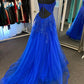 Royal Blue Appliques Deep V Neck Lace-Up A-line Tulle Long Prom Dress     fg4605