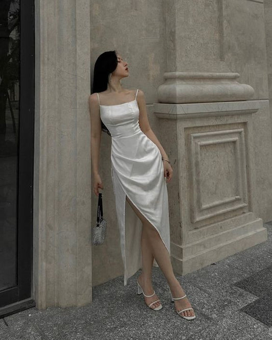 White Spaghetti Strap Slit Women Dresses 2024 New Elegant Party Evening Dresses     fg4583