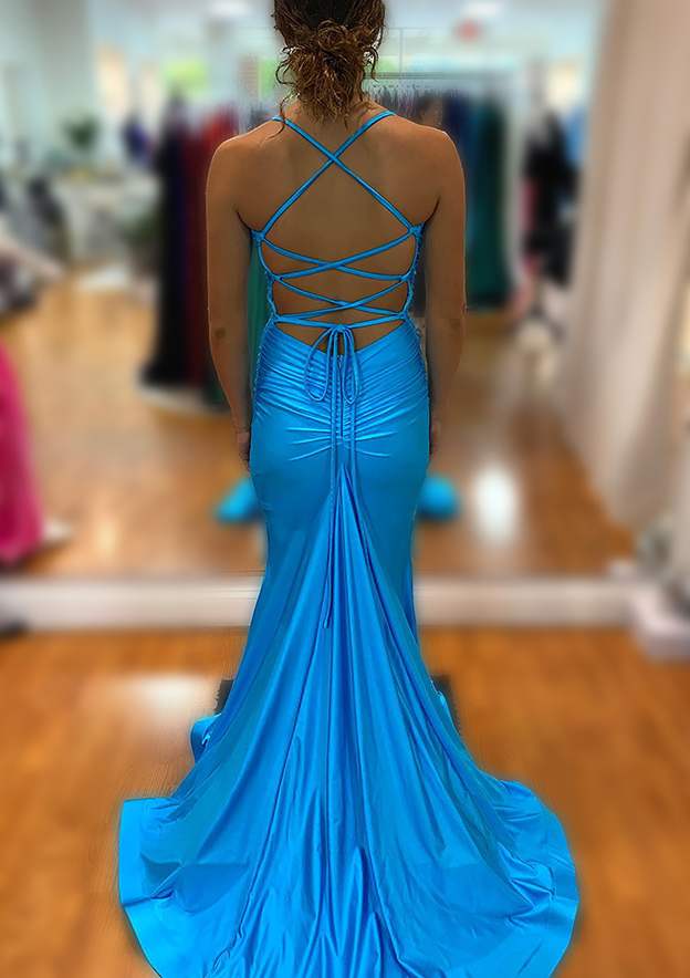 Trumpet/Mermaid V Neck Sleeveless Sweep Train Prom Dress With Pleated       fg4726