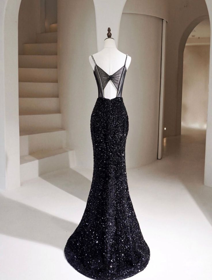 Black Mermaid Sequin Long Prom Dress, Black Formal Dress      fg5019