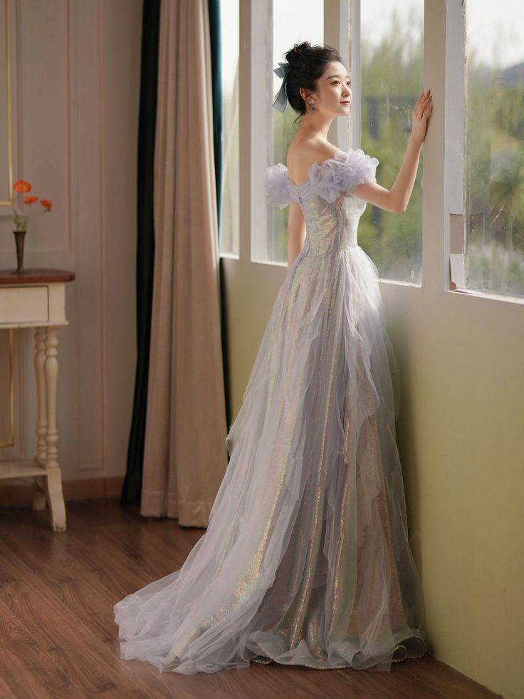 Off Shoulder Sequin Tulle Long Prom Dress, Formal Evening Dresses         fg4970