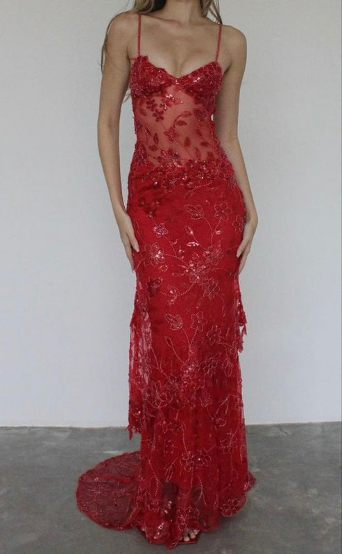 Glamorous Ballgown Spaghetti-Strap Sleeveless Lace-Up Red Maxi Prom Dress for Women Custom main image 1