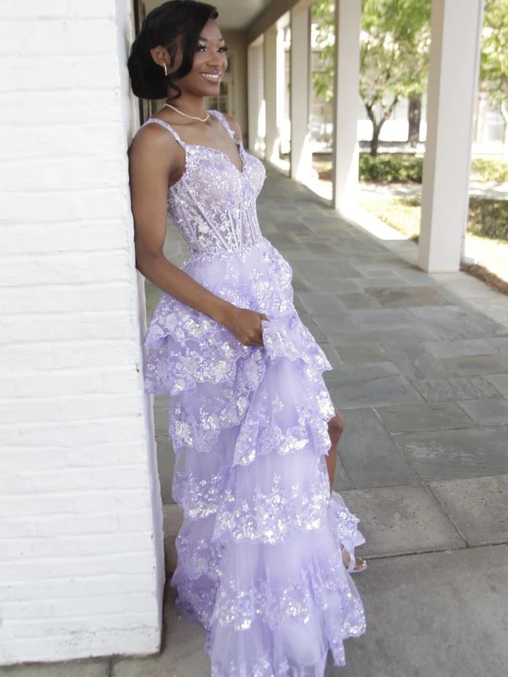 Lilac Sequin Lace Ruffles Prom Dress Split Evening Gown     fg5109