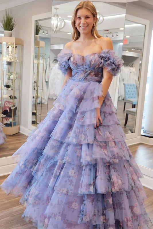 Print Flutter Sleeve Ruffle Tiered Long Prom Dress     fg4607