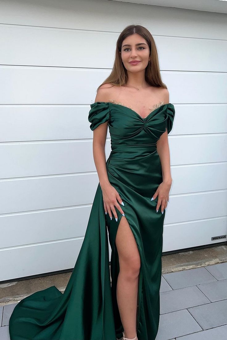 Dark Green Sweetheart Mermaid Front Split Prom Dress With Off-The-Shoulder Beadings     fg4668