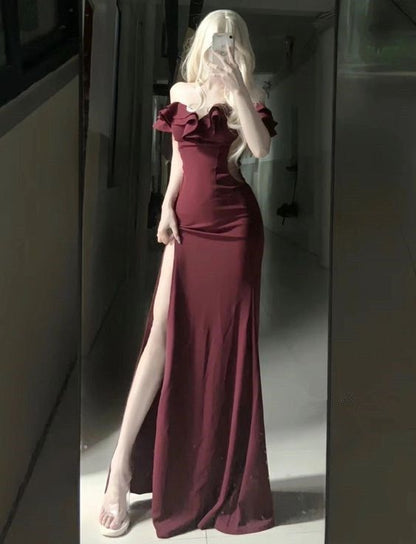 Modest Mermaid Burgundy Slit Prom Dresses Birthday Outfits fg4943 formalgowns Modest Mermaid Burgundy Slit Prom Dresses Birthday Outfits fg4943 formalgowns