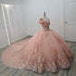 Pink Floral Appliques Lace Ball Gown Quinceanera Dresses Off The Shoulder 3D Flowers Beading Corset Sweet 15 Girls Party Dress    fg4528