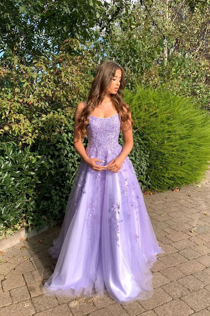 Lavender Lace Appliques A-line Long Prom Dress      fg4795